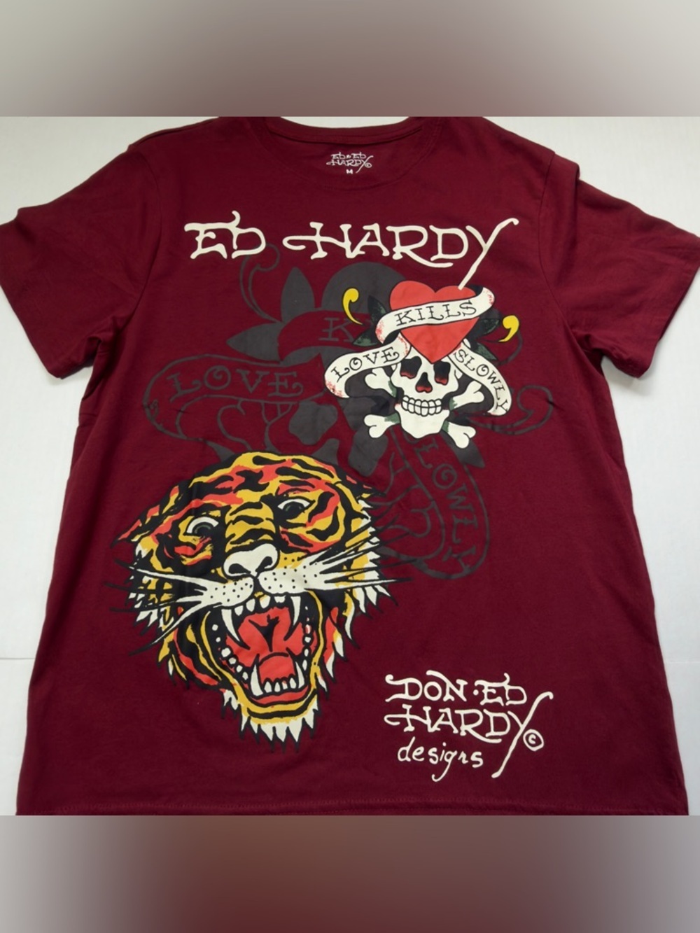 Ed Hardy Maroon Tee with Tiger & Skull Heart Graphic